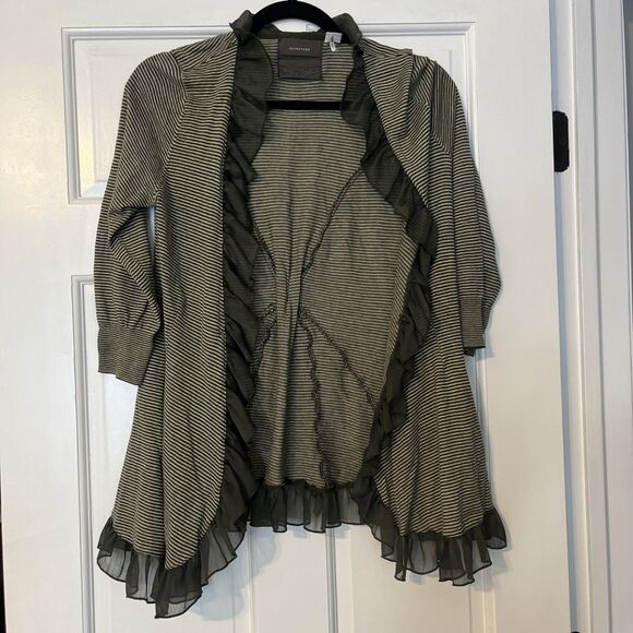 Anthropologie Guinevere Cardigan Womens Medium Striped Ruffle Olive Green Boho - Picture 1 of 6